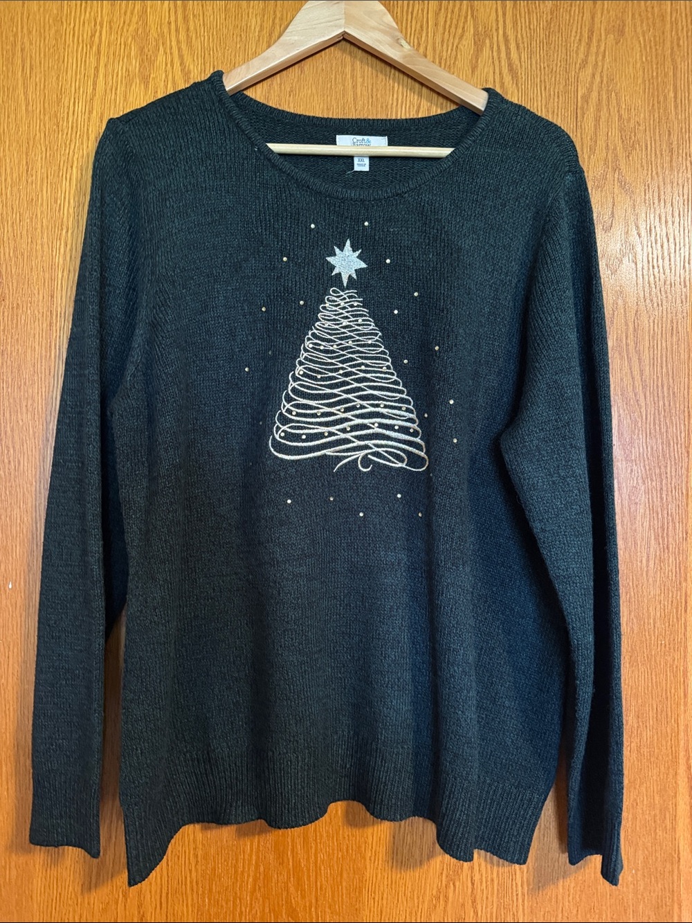 Women’s Green Holiday Sweater with Gold Tree Design